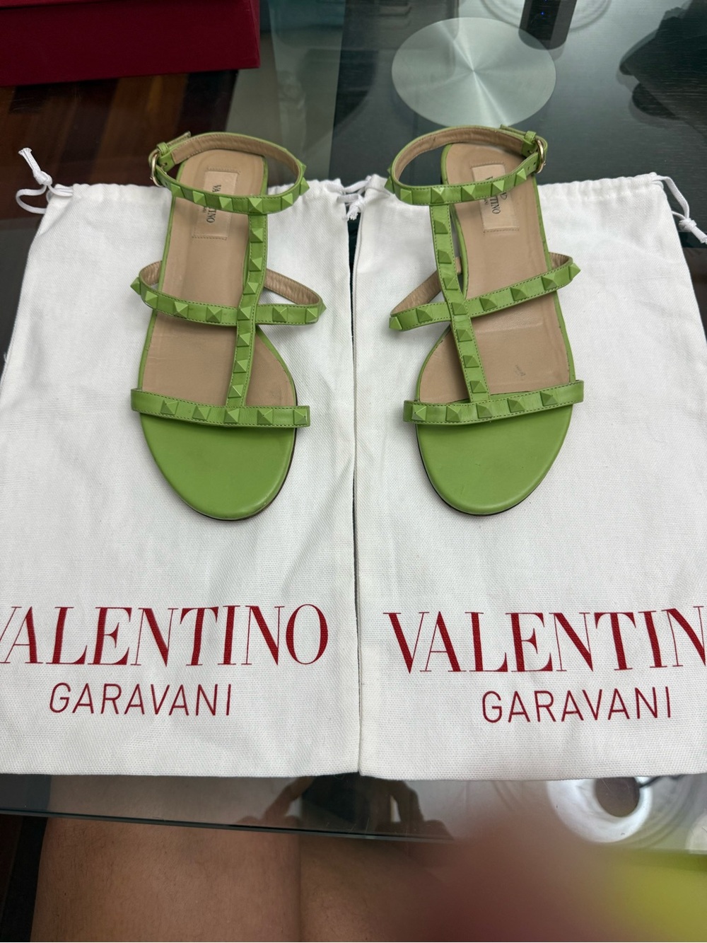 Valentino Garavani Lime Green Studded T-Strap Flat Sandals
